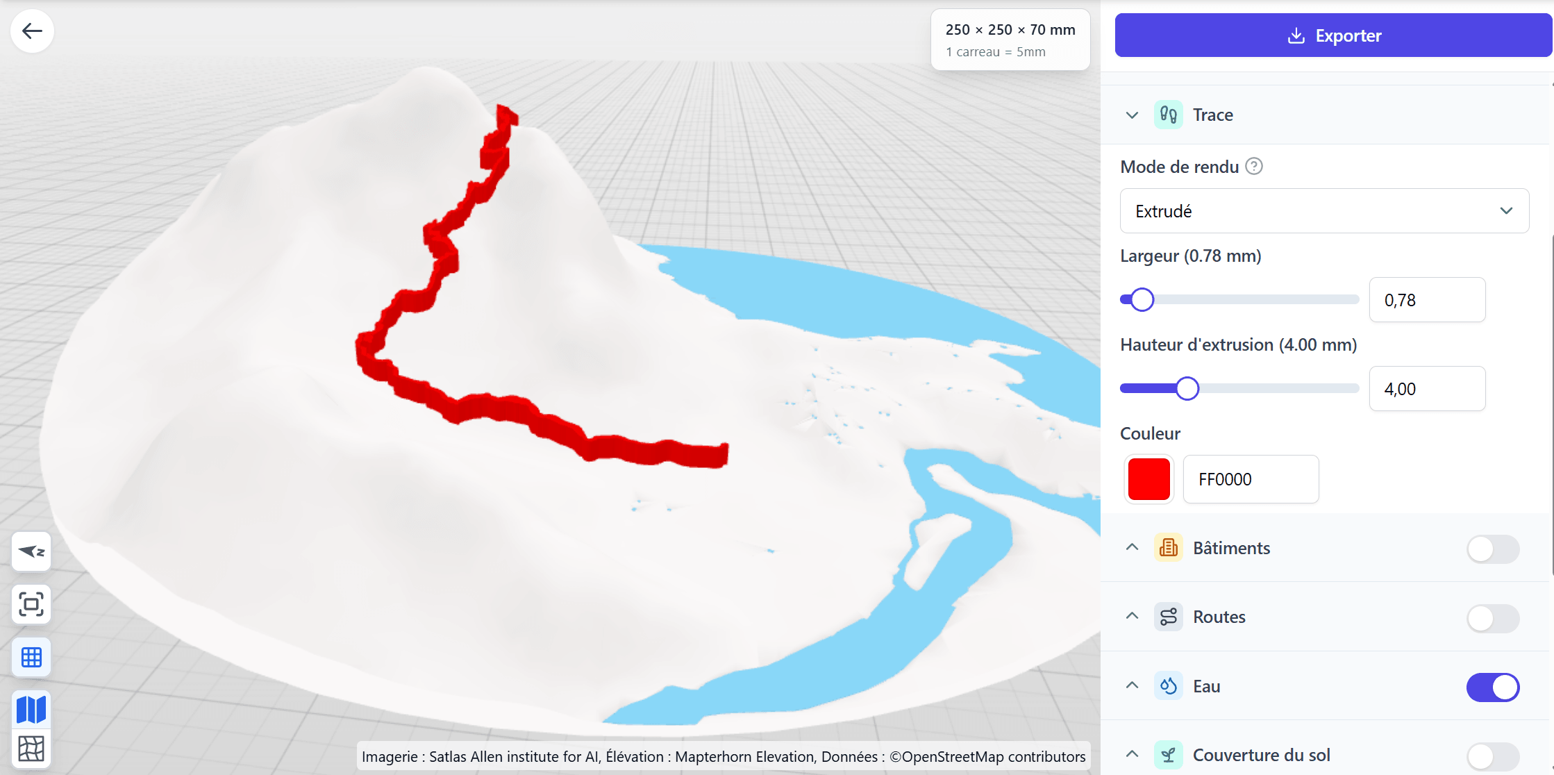 Maps3D editor showing a GPS track on a 3D terrain model ready for 3D printing