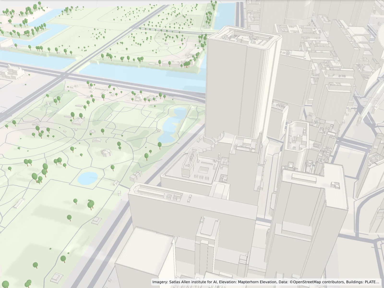 3D site model of Tokyo's Marunouchi towers beside the Imperial Palace gardens